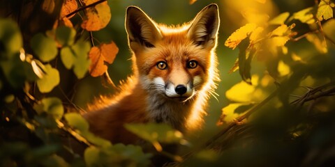 Obraz premium In the forest's hush, a fox's gaze captures the fading light.