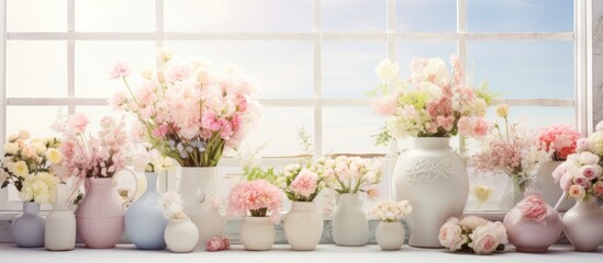 Floristics Floral decoration of the wedding in pastel colors Many flowers in different vases and vessels. Website header. Creative Banner. Copyspace image - obrazy, fototapety, plakaty
