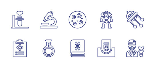Science line icon set. Editable stroke. Vector illustration. Containing research, flask, full moon, android, biology, pressure, ufo, scientist, experiment, report.