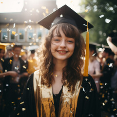 Carefree high school girl graduate with friends in cap and gown