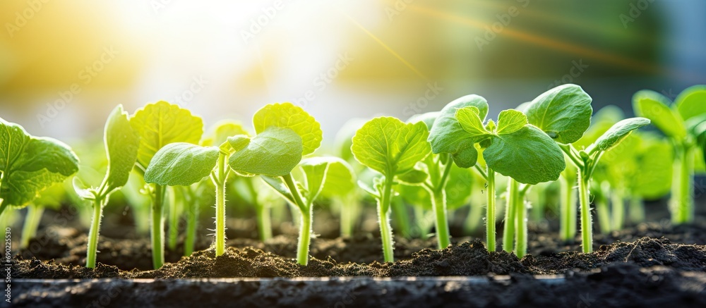 Poster green seedlings of cucumbers in a sunny greenhouse in spring. website header. creative banner. copys