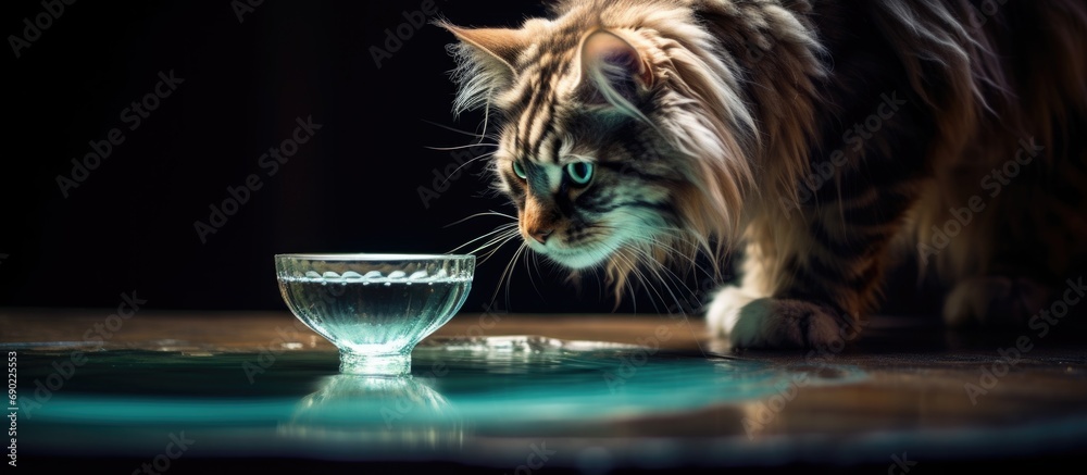 Poster maine coon cat drinking process cat dips its paw in water bowl trying to drink it. website header. c