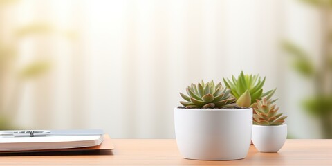 Office tools rest on a bright workspace with a succulent in a white pot.