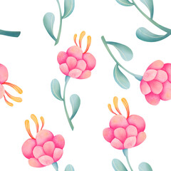 Watercolor trendy minimalistic pink Flower rose. cute plant seamless pattern. background for Wedding Invitation, packaging paper, fabrics, wrapping gifts. wildflowers in rustic style, coloured garden