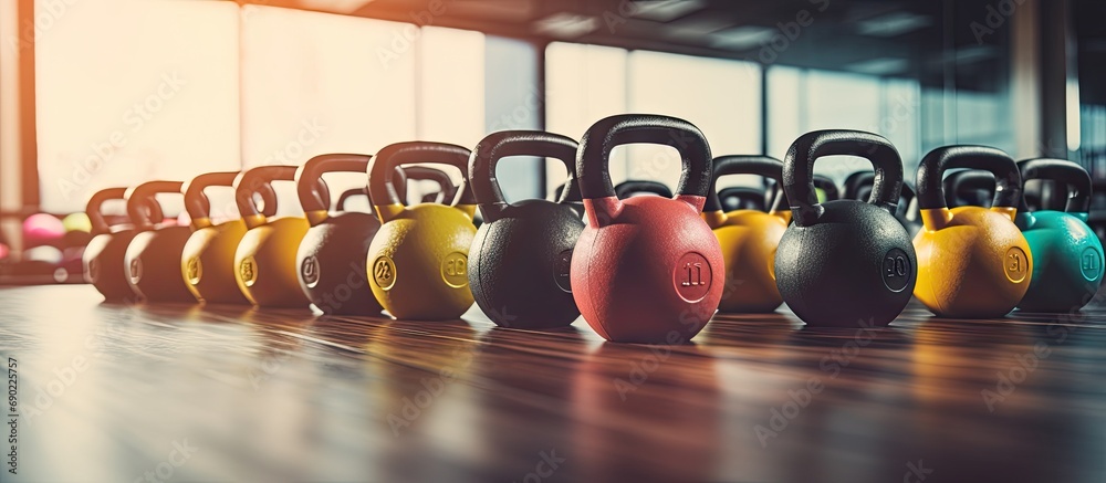 Poster group having functional fitness training with kettlebell in sport gym. website header. creative bann