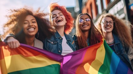 close up Group of young activist for lgbt rights with rainbow flag, lesbian, rainbow, freedom, diversity, bisexual, gay, celebration, community
