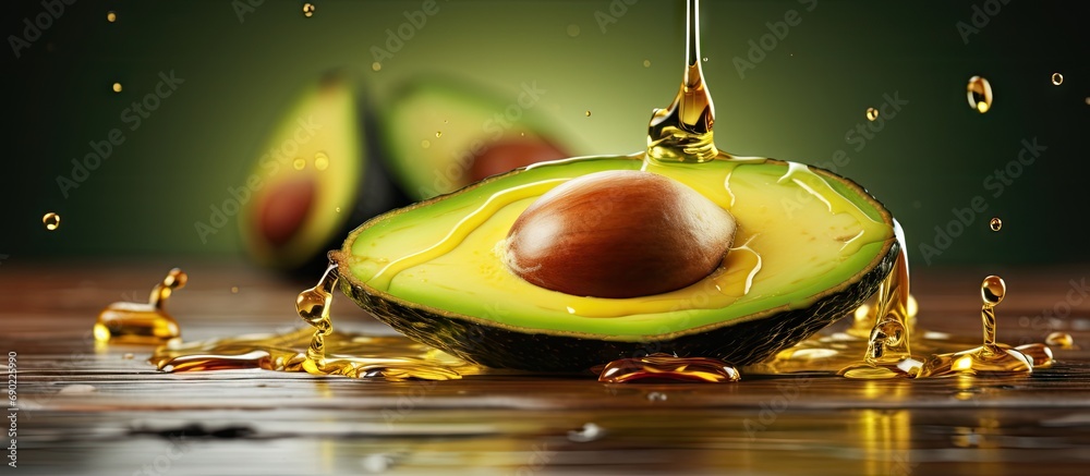 Poster pouring essential oil onto cut avocado oil dripping from sliced avocado vertical image place for tex