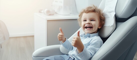 Kid sitting in dental chair Little girl patient showing thumb up approving pediatric dental service in modern clinic for children Focus on happy smiling positively child Good oral dent health - obrazy, fototapety, plakaty
