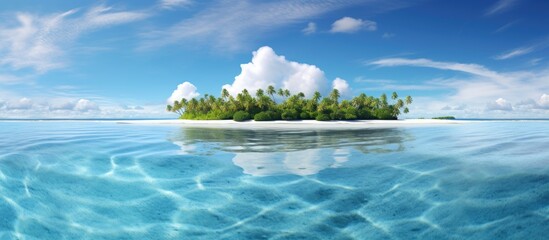 Jaluit atoll Marshall Islands atoll islands across calm glassy water. Website header. Creative Banner. Copyspace image