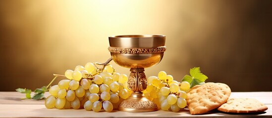Holy communion a golden chalice with grapes and bread wafers. Website header. Creative Banner....