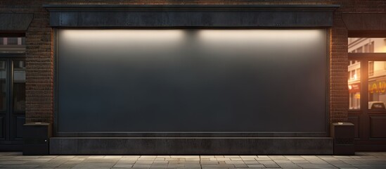 horizontal black empty signage on clothes shop front with glass windows. Website header. Creative Banner. Copyspace image
