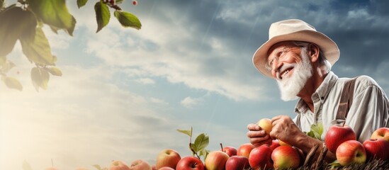 Farmer in overall standing on the ladder and holding an apple Farmer enjoying the smell of the apple grown by himself in his orchard. Website header. Creative Banner. Copyspace image - obrazy, fototapety, plakaty