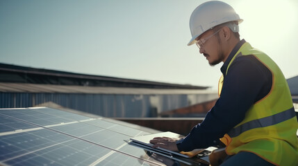 engineer with laptop and tablet maintenance checking installing solar roof panel on the factory rooftop