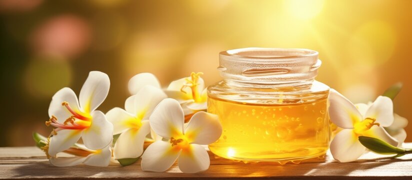 Honey spa treatment Pouring sweet golden honey to jar plumeria flowers soft sunny light Natural homemade skincare. Website header. Creative Banner. Copyspace image