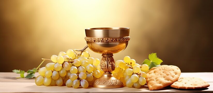Holy communion a golden chalice with grapes and bread wafers. Website header. Creative Banner. Copyspace image