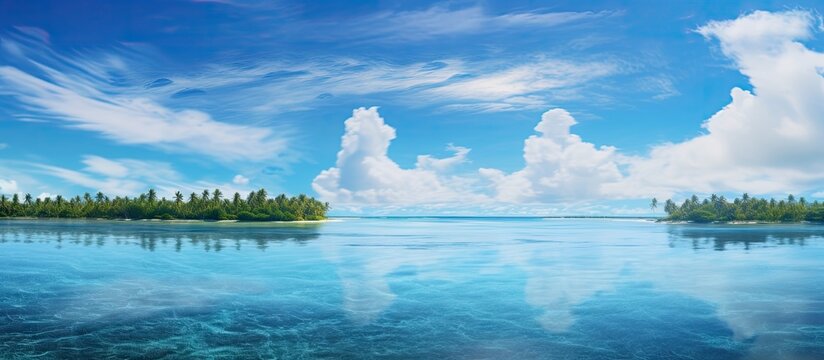 Jaluit atoll Marshall Islands atoll islands across calm glassy water. Website header. Creative Banner. Copyspace image