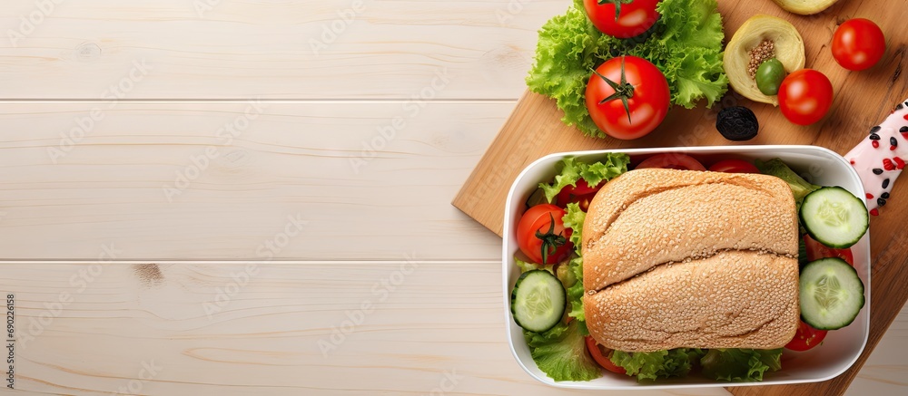 Poster healthy lunch box with sandwich and vegetables on office table top view flat lay. website header. cr