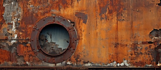 fire department training center close up details old rusty metal wall with round ship window. Website header. Creative Banner. Copyspace image