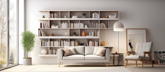 Living room with books near television comfortable furniture and designs walls are white color chairs around the tables inside rooms of a apartment. Website header. Creative Banner. Copyspace image