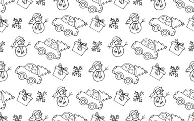 Vector seamless New Year pattern on a white background. Black and white illustration in cartoon style. Pattern for fabric, gift wrapping, cards and congratulations. Christmas tree, snowman and gift.