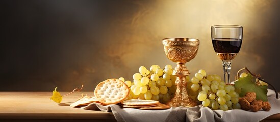 Holy communion a golden chalice with grapes and bread wafers. Website header. Creative Banner. Copyspace image - obrazy, fototapety, plakaty