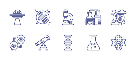 Science line icon set. Editable stroke. Vector illustration. Containing keplers law, telescope, moon, moon phase, education, dna, ufo, chemistry, cloning, chemical.