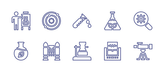 Science line icon set. Editable stroke. Vector illustration. Containing science fair, chemistry, galaxy, corrosive, jet pack, flask, laboratory, bacteria, artificial intelligence, telescope.