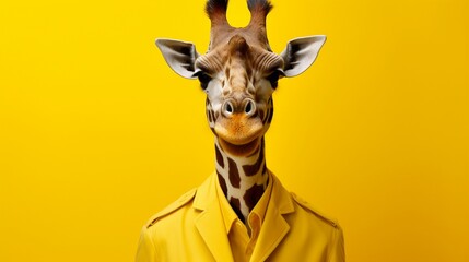 A hilariously goofy giraffe wearing oversized glasses, standing alone against a bright yellow backdrop, its long neck adding to the whimsical charm, all captured with precision by an HD camera. - obrazy, fototapety, plakaty