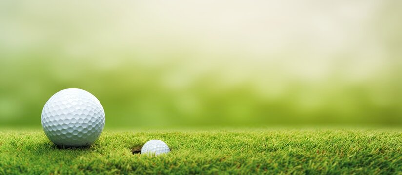 Miniature golf balls and putters in assorted colors on artificial grass. Website header. Creative Banner. Copyspace image