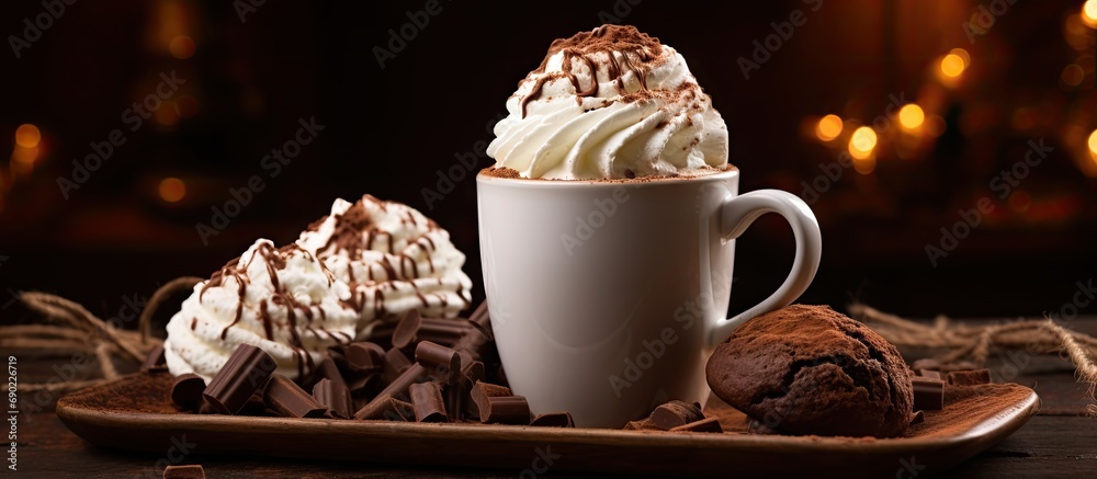 Poster Glass of hot chocolate with whipped cream and truffles on an old brown table Copy space. Website header. Creative Banner. Copyspace image