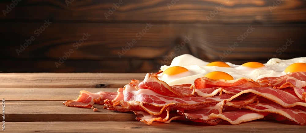 Poster fried eggs with bacon on the wooden table. website header. creative banner. copyspace image