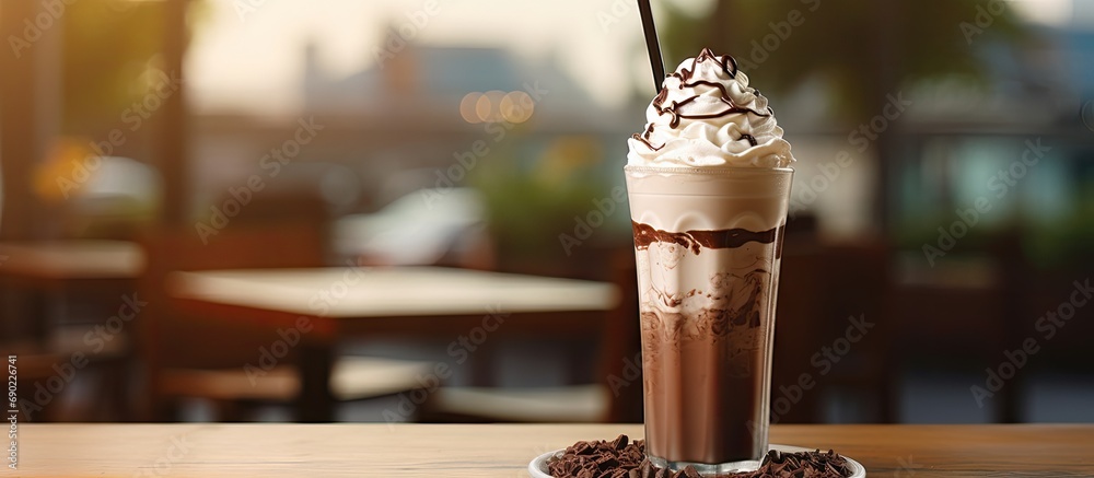 Aufkleber iced chocolate coffee frappe topped with whipped cream and chocolate shavings. website header. creat