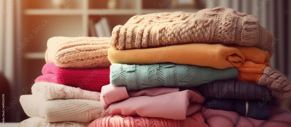 Aufkleber neat and tidy pile of warm sweaters on gray sofa knitwear care knitted jumpers for cold fall and win