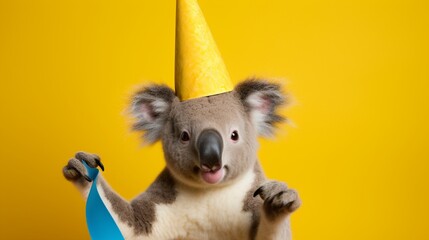 A charismatic koala with a mischievous grin, donning a party hat, standing solo against a cheerful yellow setting, the perfect snapshot of playful hilarity, expertly taken by an HD camera.