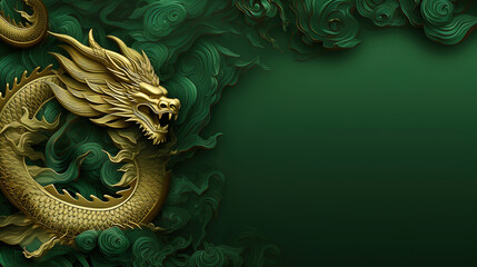 Chinese gold dragon on green background with copy space. Happy New Year of the Dragon 2024 - obrazy, fototapety, plakaty