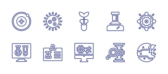 Science line icon set. Editable stroke. Vector illustration. Containing virus, id card, sun, planet, test tube, computer, neutron, chemistry, adn.
