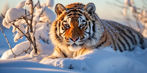 Fototapeta na wymiar Tiger licks its paw in the snowy expanse of the taiga.