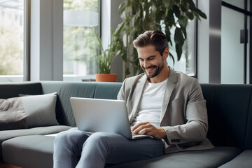 A woman smiles and is happy in work using computer