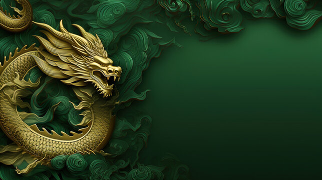 Chinese gold dragon on green background with copy space. Happy New Year of the Dragon 2024