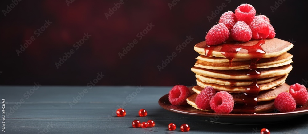 Poster homemade heart shaped pancakes stack with chocolate and raspberries. website header. creative banner