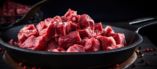 Fresh raw diced red beef meat on cast iron plate Selective Focus Focus one third into the meat. Website header. Creative Banner. Copyspace image