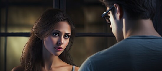 Nerdy man is trying to get beautiful woman s attention but she is not interested and desperately thinking the way to escape Bad date. Website header. Creative Banner. Copyspace image