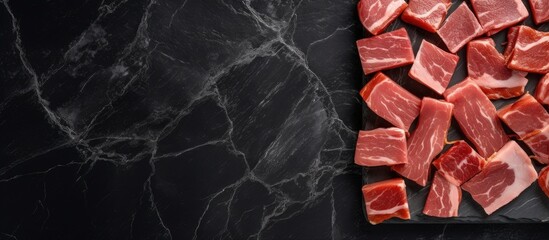 Kitchen knife and cubes of bacon on a slate plate. Website header. Creative Banner. Copyspace image