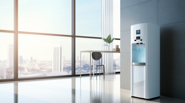 Water cooler with an eco-friendly design and touchless dispensing mechanism, set against a pristine white setting.