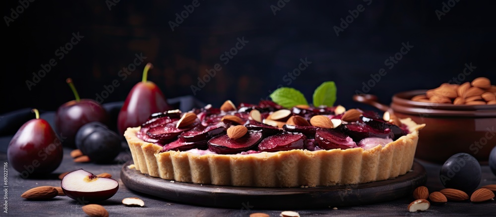 Aufkleber plum pie on wooden board in rustic style aesthetic composition with closed pie with dried plums on c