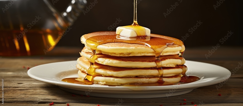 Aufkleber fluffy buttermilk pancakes with butter and maple syrup. website header. creative banner. copyspace i