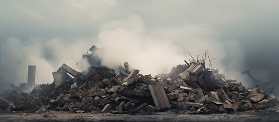 Panorama The remains of a large destroyed building with piles of construction debris Foundation piles in the foreground against a gray sky in a hazy haze Background. Website header. Creative Banner - obrazy, fototapety, plakaty