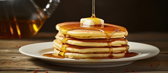 Fluffy buttermilk pancakes with butter and maple syrup. Website header. Creative Banner. Copyspace image
