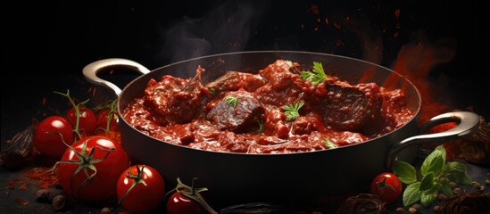 Put tomato paste in a sauce pan with chopped and roasted vegetables for making sauce or gravy Part of a series Cooking making preparation of german beef roulades. Website header. Creative Banner - obrazy, fototapety, plakaty