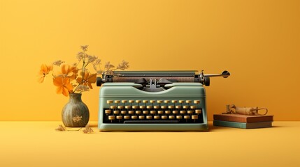 A vintage typewriter, its keys gleaming against a warm yellow setting, portraying a nostalgic charm as the HD camera captures every intricate detail and shadow.